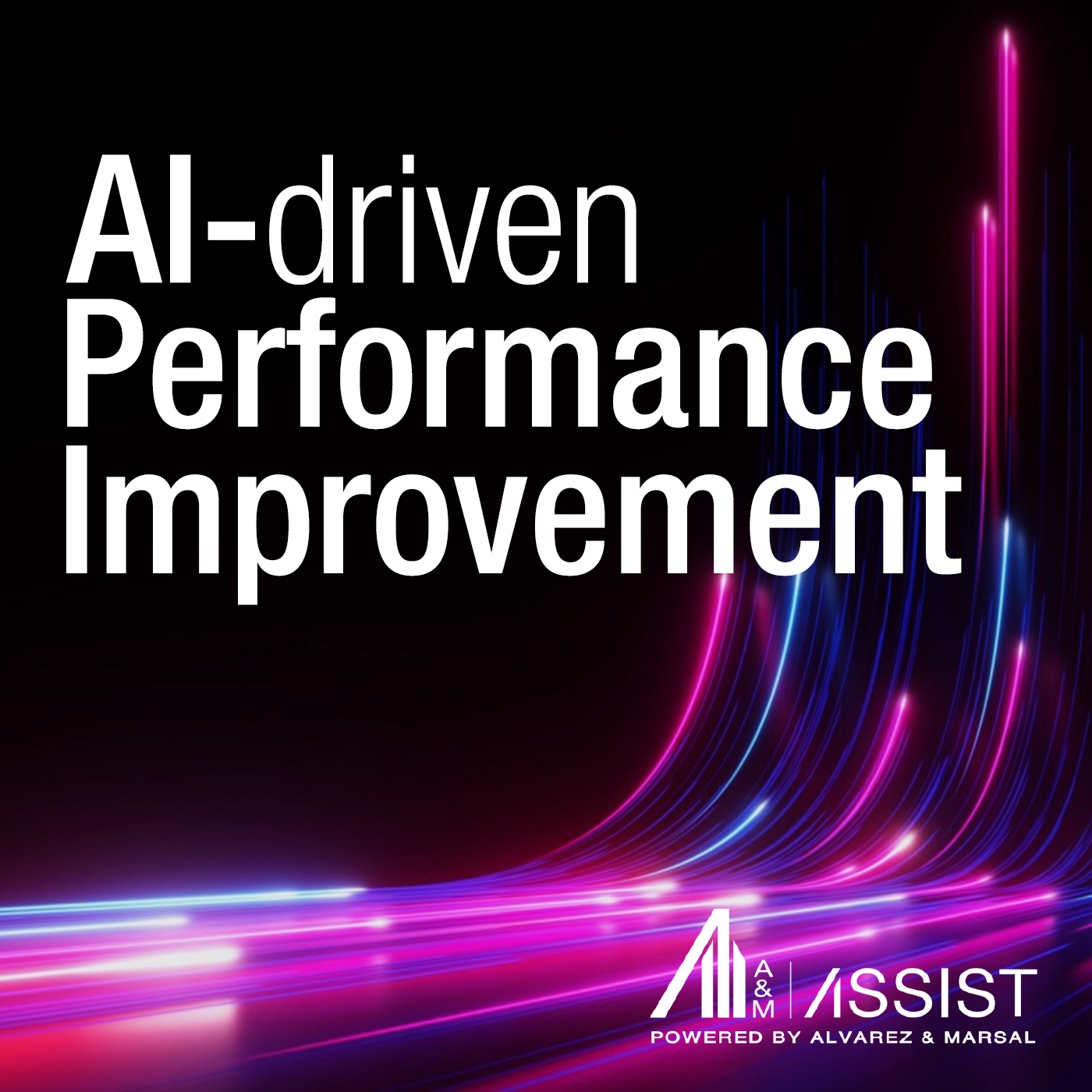 AI-driven Performance Improvement written in wite text on a mostly black background with neon colored lights in pink, blue, and red moving up the right side of the image.