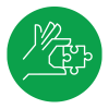 puzzle piece being held by a hand between two fingers in white on a green background